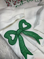 MERRY AND BRIGHT, SIDE BOW APPLIQUE EMBROIDERED SWEATSHIRT