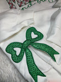 MERRY AND BRIGHT, SIDE BOW APPLIQUE EMBROIDERED SWEATSHIRT