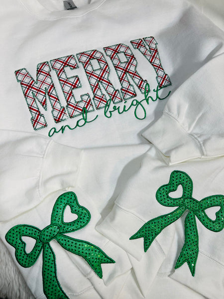 MERRY AND BRIGHT, SIDE BOW APPLIQUE EMBROIDERED SWEATSHIRT