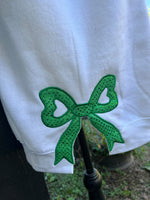 MERRY AND BRIGHT, SIDE BOW APPLIQUE EMBROIDERED SWEATSHIRT