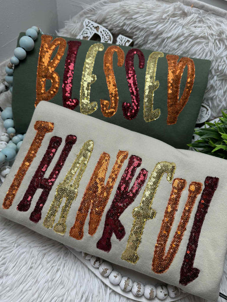 Thankful/Blessed Sequin, Fall, Sweatshirt or Tshirt
