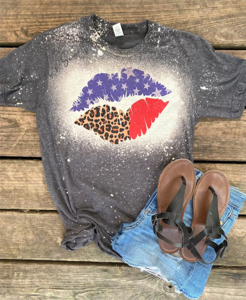 Red White & Leopard Patriotic Kiss Bleached Tee